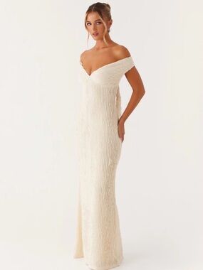 Peppermayo Cream One-Shoulder Ribbed Knit Gown
